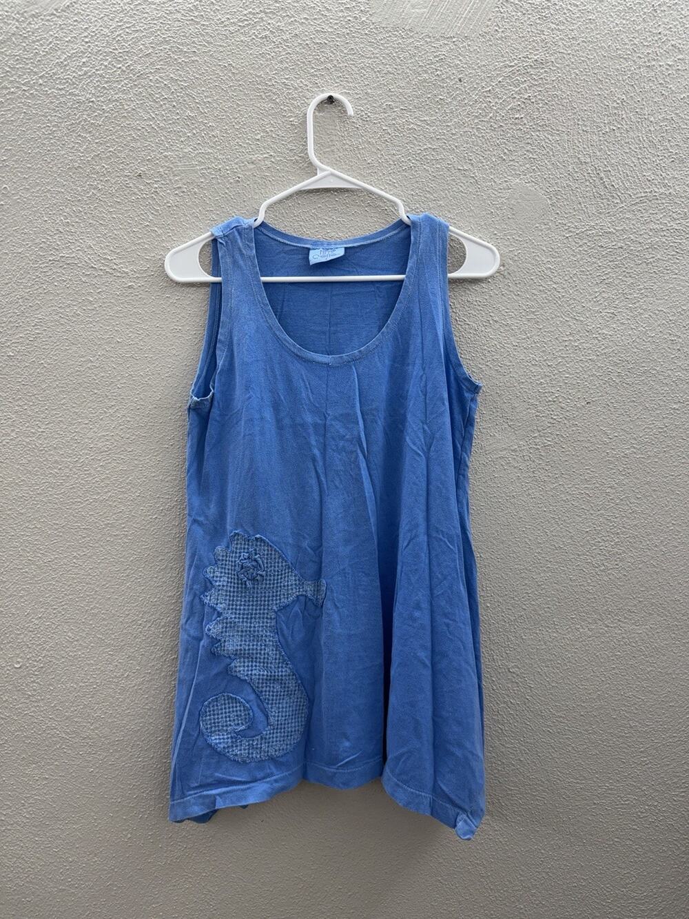 Mimi Cotton Womens Tank Dress Size Small Blue Embroidered Seahorse